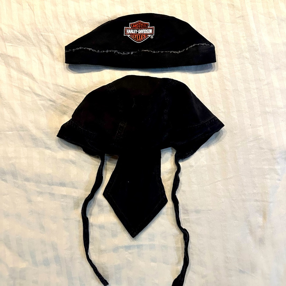 Set two (2) doo rags, skull cap, Harley Davidson beanie, motorcycle helmet liner